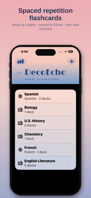 DecoEcho home screen showing study subjects