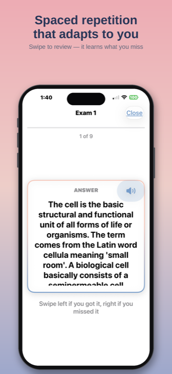 DecoEcho study mode with swipe-to-grade flashcards