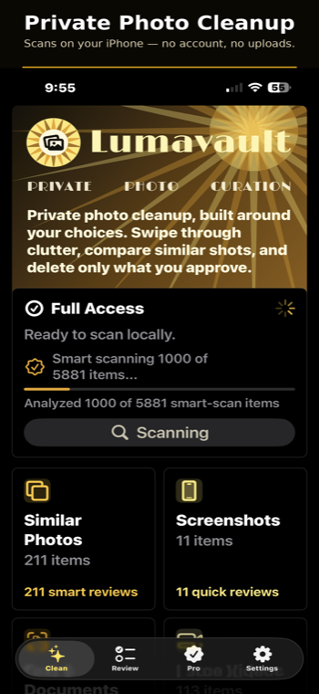 Lumavault home screen scanning a photo library privately on device